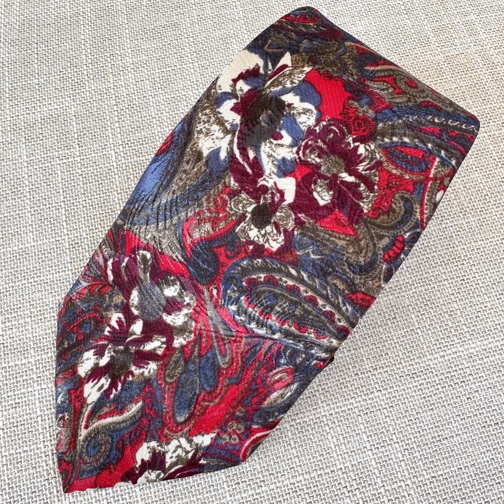 Vintage Pierre Cardin Paisley Floral Print Neck Tie Red Multi Silky USA